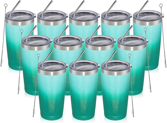 MEWAY 20oz Tumbler 12 Pack Double Wall Vacuum Insulated Travel Glitter Mug Bulk, Stainless Steel Tumblers with Lid and Straw, Powder Coated Coffee Cups for Woman(Gradient Green,Set of 12)