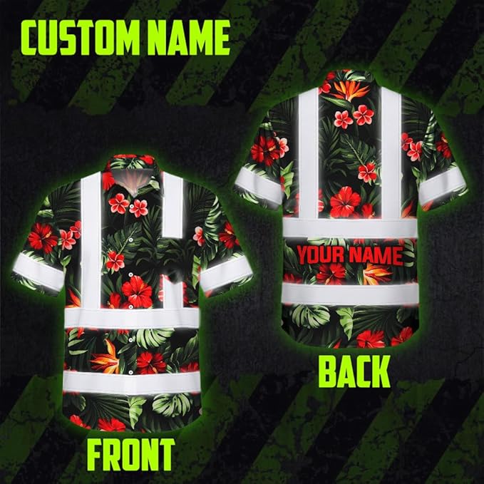 High Visibility Hawaiian Shirt for Men Tropical Shirts Custom Name Floral Outfit Reflective Safety Workwear
