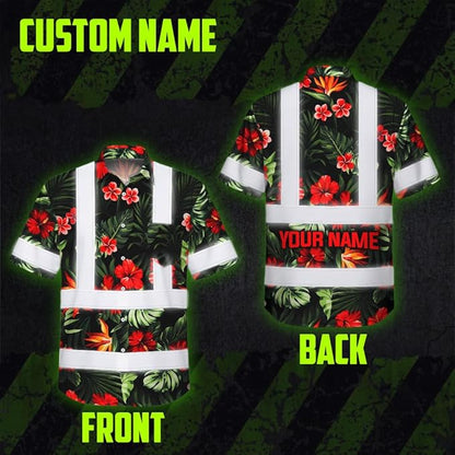 High Visibility Hawaiian Shirt for Men Tropical Shirts Custom Name Floral Outfit Reflective Safety Workwear
