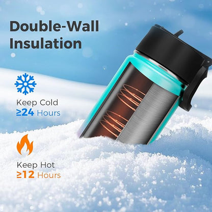 Neihepal 22 oz Insulated Water Bottle with Straw Lid, Double Walled Vacuum Stainless Steel Water Bottles Leak Proof, Wide Mouth (Green Pink,1 Pack)