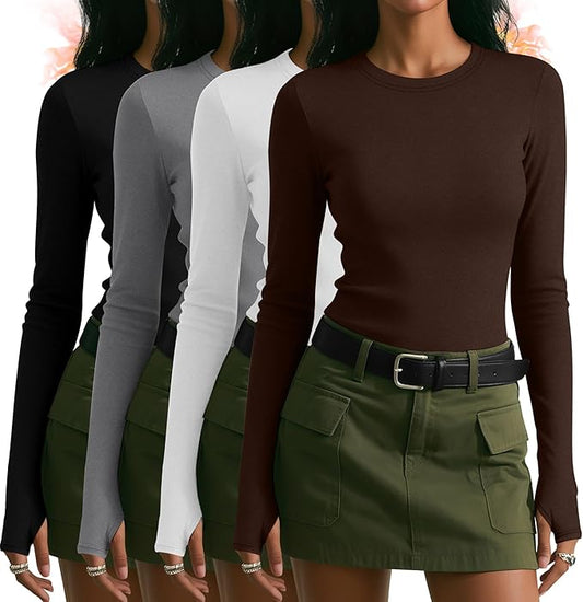 Neer 4 Pack Women's Fleece Thermal Long Sleeve Shirts, Thumb Holes Crew Neck Slim Fit Tops Warm Workout Basic Undershirt