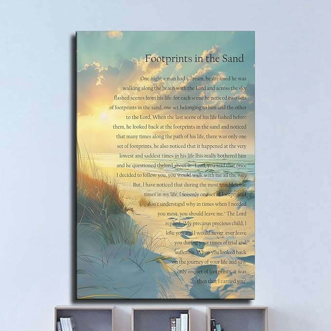 Footprints In The Sand Wall Art Religious Poem Poster Canvas Painting Picture Printing Living Room Bedroom Decoration Framed (8x12inch-Framed)