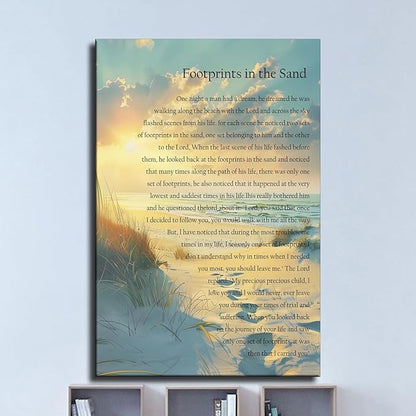 Footprints In The Sand Wall Art Religious Poem Poster Canvas Painting Picture Printing Living Room Bedroom Decoration Framed (8x12inch-Framed)