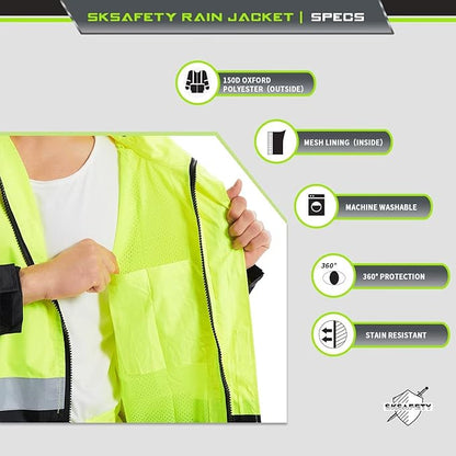 SKSAFETY Hi Vis Reflective Rain suits for Men Waterproof - High Vis Safety Rain Jacket, High Visibility Raincoat for Men