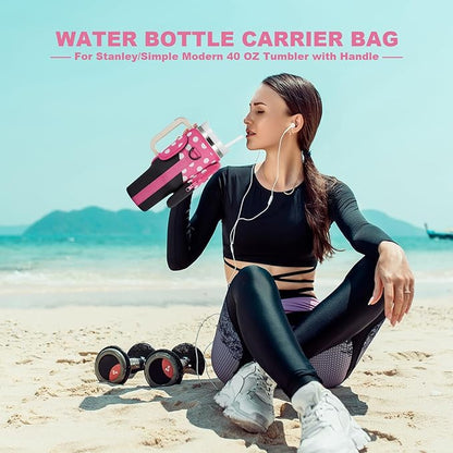 Water Bottle Carrier Bag with Phone Pocket for Stanley 40 & 30 oz Tumbler with Handle,Pink Insulated Neoprene Cup Holder Pouch w/Adjustable Strap for Quencher H2.0 Stanley Cup Accessories