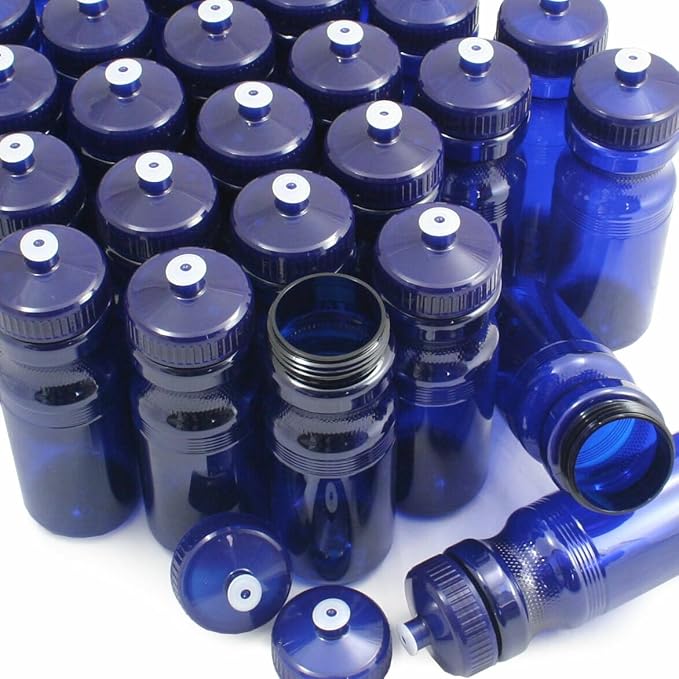 Rolling Sands USA Made 24 Ounce Sports Water Bottles - 100 Pack BPA-Free Blank Plastic Bottles for Group Use, Fitness Classes & Events - Translucent Navy Blue Bottle/Navy Blue Lid