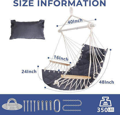 Hammock Chair Hanging Swing with Wooden Armrests;Steel Spreader Bar,Pillows,Hardware kit Included;Cotton Woven Fabric;Up to 350 Lbs,for Indoor or Outdoor