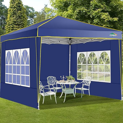 COBIZI 10x10 Pop Up Canopy with 4 Sidewalls, Easy up Canopy for Events, Sports, Beach, Party, Outdoor Party Canopies with 4 Weight Bags, Stakes x4, Ropes x4, Dark Blue