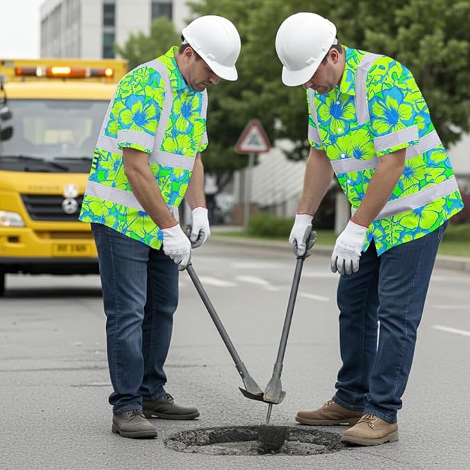 High Visibility Hawaiian Shirt for Men Tropical Shirts Custom Name Floral Outfit Reflective Safety Workwear