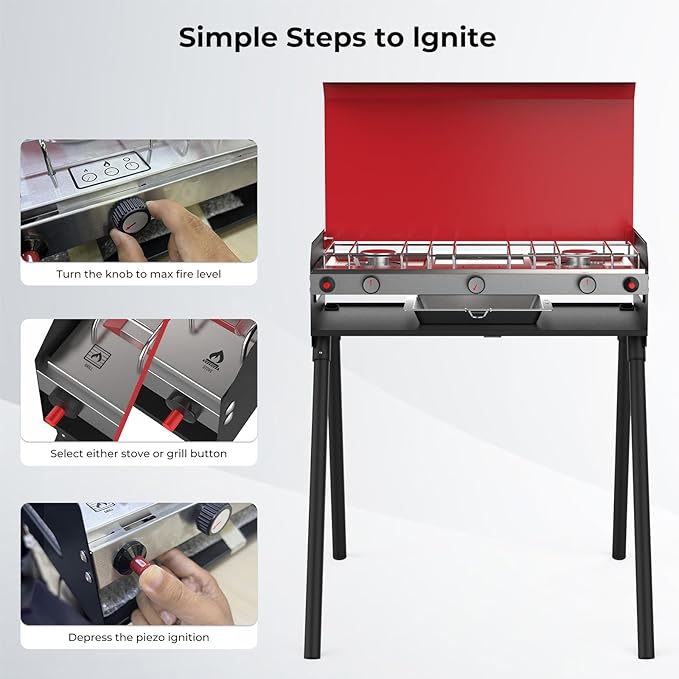 CAMPLUX 2 Burners & 1 Grill Propane Camping Stove, 15,000 BTU Portable Outdoor Propane Camping Grill Burner with Free Standing Legs, Auto-Ignition Gas Stove with Regulator, Red