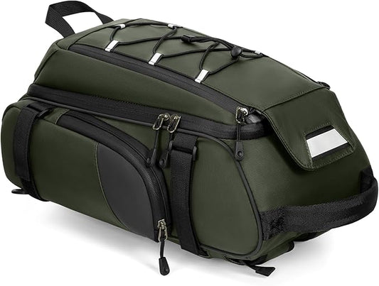 RAINSMORE Bike Bags for Bicycle Rear Rack 15L Waterproof Bike Ebike Trunk Pannier Saddle Bag with Rain Cover Bike Accessories Backpack Shoulder Bag for Commuter Travel Outdoor, Green