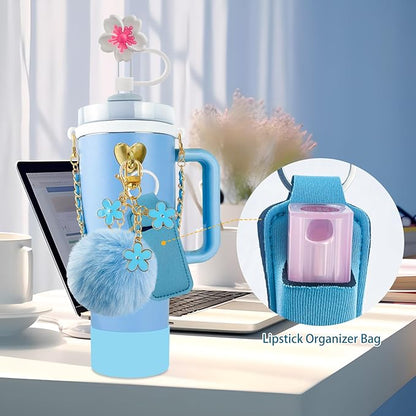 Velaco 11 PCS Accessories for Stanley Cup, Water Bottle Handle Strap for Stanley 30/40 oz tumbler with handle, including Straw Toppers, Silicone Cup Boot, Keychain Charms - Blue