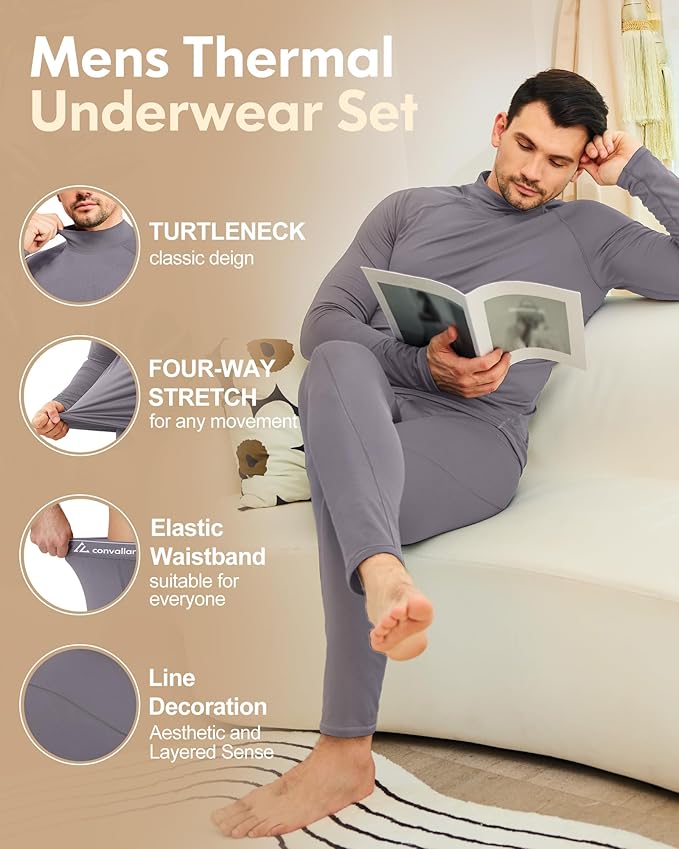 CL convallaria Thermal Underwear for Men Long Johns Fleece Lined Hunting Gear Set Base Layer for Cold Weather XS-4XL