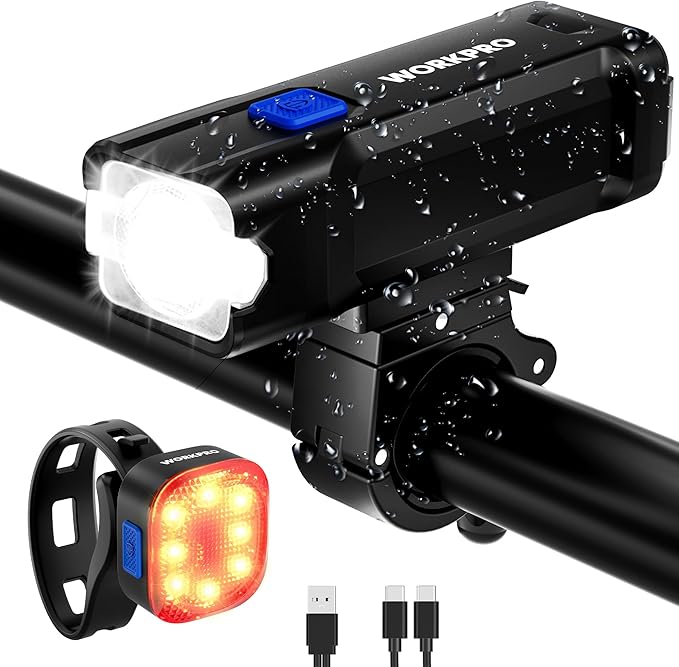 WORKPRO Bike Light for Night Riding, Rechargeable Ultra-Bright Bike Lights Front and Back, 3+5 Modes Bicycle Headlight and Taillight Set, Waterproof Cycling Lights for Mountain, Road Bike Riding