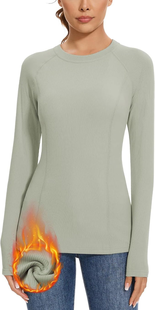 WOWENY Thermal Shirts for Women Ribbed Crewneck Base Layer Soft Fleece Long Sleeve Top Thermal Underwear Winter
