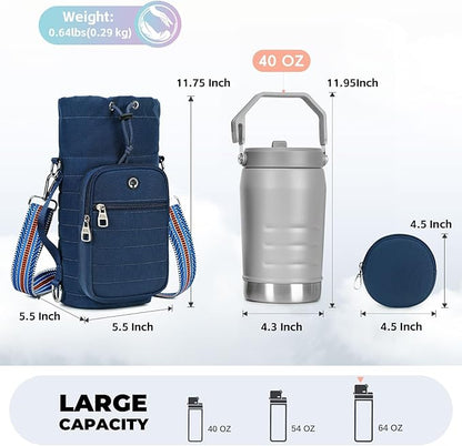 Water Bottle Carrier Bag with Strap, Sling Bag for Walking, Hiking, Cycling, Black, 40 Ounces
