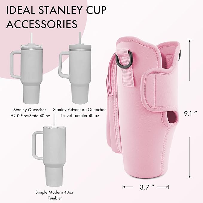 Water Bottle Carrier Bag with Phone Pocket for Stanley Cup 40/30 oz, Water Bottle Holder with Adjustable Strap& Straw Cover, Stanley Cup Accessories