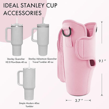 Water Bottle Carrier Bag with Phone Pocket for Stanley Cup 40/30 oz, Water Bottle Holder with Adjustable Strap& Straw Cover, Stanley Cup Accessories