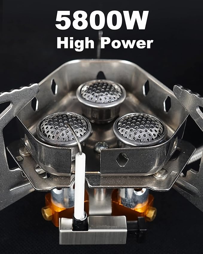 Windproof Portable Backpacking Stove Burner,Piezo Ignition,Stove Adapter,Safe pipeline,High-power,Lightweight,Propane Butane Stove for Camping Hiking Picnic Outdoor-5800W-Plastic Storage Box