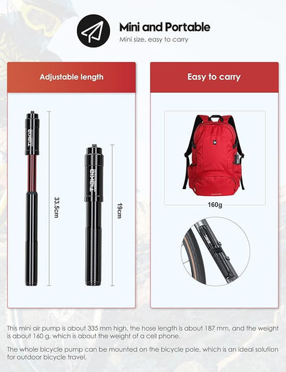 Tiakia Mini Bike Pump, Portable Bicycle Pump with Bracket, 260PSI High Pressure Frame Pump Air Hand Pump Fit Presta, Schrader & Woods Valves, Aluminum Alloy Tire Pump for Road/Mountain Bikes, Balls
