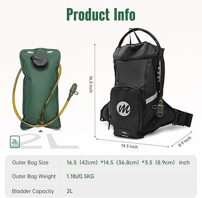 Moman Hydration Backpack with 2L Water Bladder, 600D PU Durable Hiking Backpack, Adjustable Strap & Removable Tool Pouch for Hiking/Running/Cycling/Music Festival/Rave for Men Women
