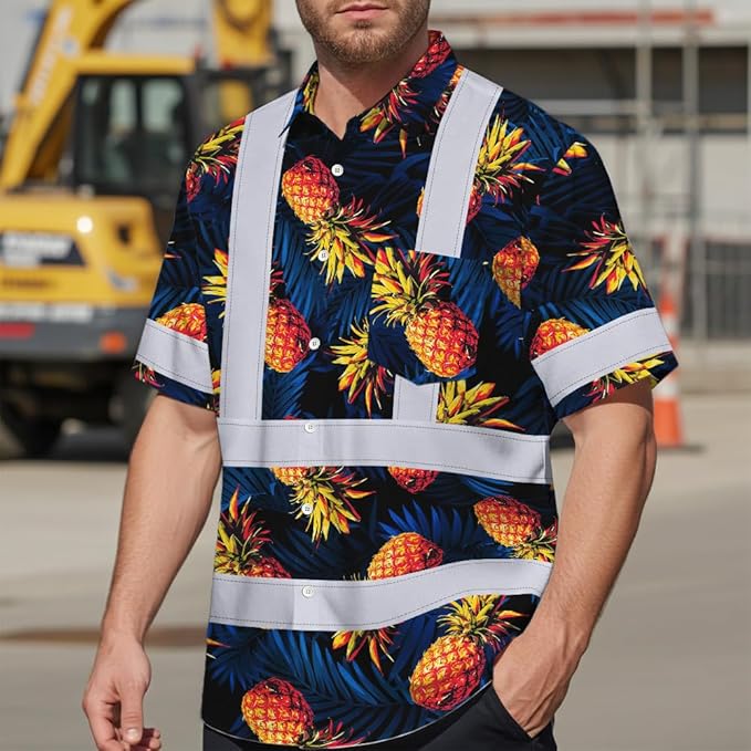 High Visibility Hawaiian Shirt for Men Tropical Shirts Custom Name Floral Outfit Reflective Safety Workwear
