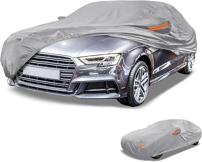 Universal Car Cover Waterproof All Weather 190T-PU, UV Sun Rain Protection, Fits for Sedan Length 178"-186", with Left Side Zipper, Silver Tone