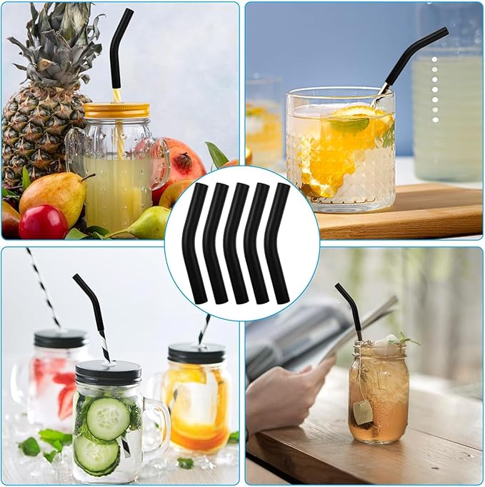 5 Pcs Black Straw Tips Reusable Silicone Covers Food Grade Rubber Straw Tips for Stainless Steel Metal Straws 0.31inch Wide