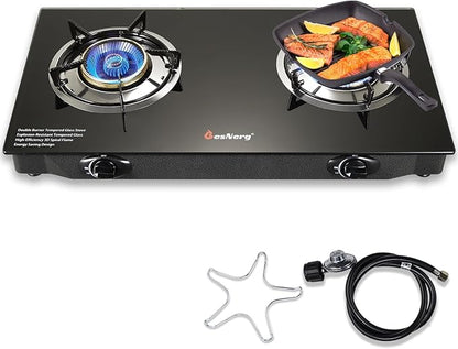 Propane Stove 2 Burner Gas Stove, 28800 BTU High-Efficiency Auto Ignition Tempered Glass LPG Cooktop with CSA Regulator and Hose – for Outdoor Camping, RV, and Emergency Cooking