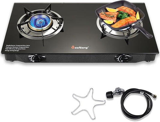 Propane Stove 2 Burner Gas Stove, 28800 BTU High-Efficiency Auto Ignition Tempered Glass LPG Cooktop with CSA Regulator and Hose – for Outdoor Camping, RV, and Emergency Cooking