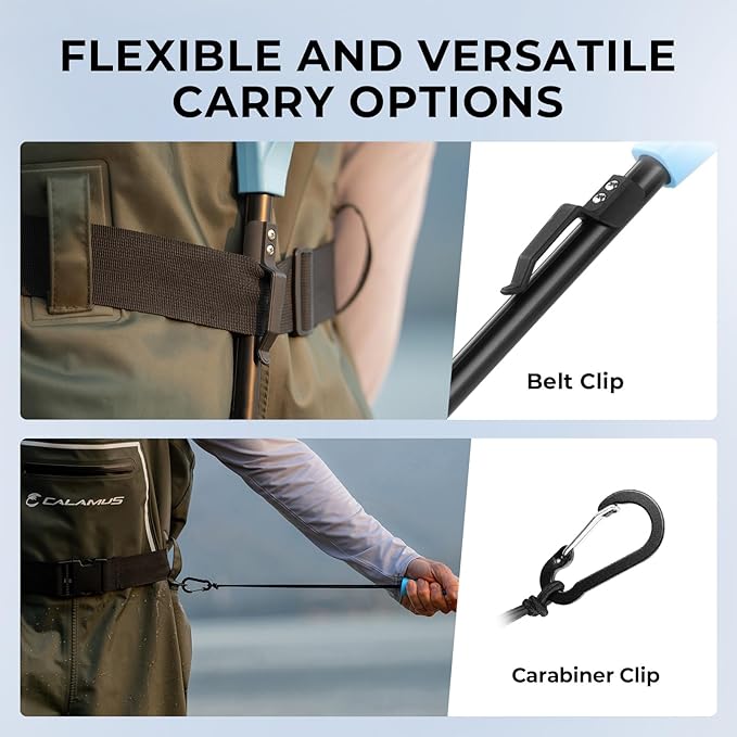 Calamus Triangle Fishing Net, Foldable, Lightweight & Strong Landing Net with Non-Slip Elastomer Handle, Built-in Elastic Lanyard and Belt Clip, Fishing Gear - Gift for Men