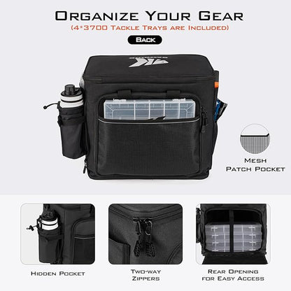 KastKing Karryall Fishing Tackle Bags with 4 * 3700 Tackle Trays, Fishing Bags for Saltwater or Freshwater Fishing - Fishing Gear Storage, Black