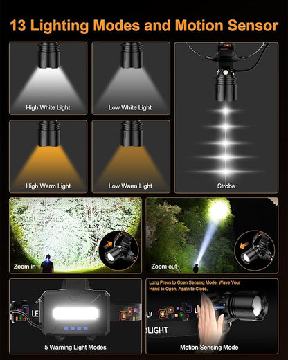 SKYFIRE Rechargeable Headlamp High Lumens, 7500mAh Motion Sensor LED Head Light with Zoomable, 13 Modes, 90° Adjustable, IPX6 Waterproof for Adults, Camping, Hiking, Fishing, Running, Cycling