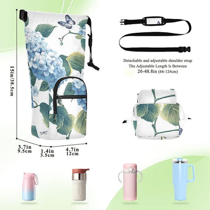 Blue Hydrangea Butterfly Water Bottle Holder with Strap Insulated Water Bottle Carrier Crossbody Bags Pouch with Phone Pocket for Travel Gym Hiking Walking Running