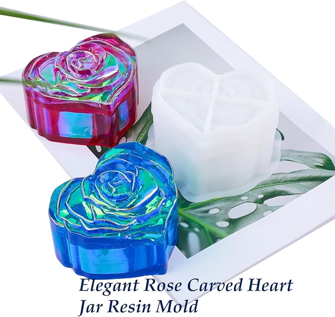 Heart Jar Resin Mold with Rose Lid Epoxy Resin Storage Box Casting Molds DIY Jewelry Trinket Candy Container Silicone Mould Concrete Cement Plaster Planter Candle Vessel Craft Silicone Molds