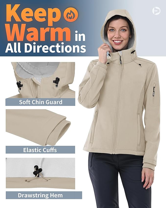 Outdoor Ventures Women's Softshell Jacket with Hood Fleece Lined Warm Lightweight Waterproof Insulated Windbreaker