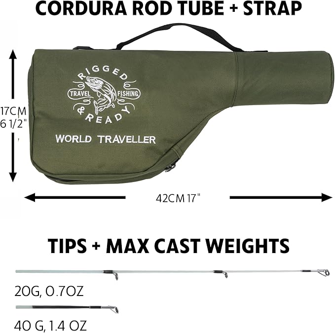 Rigged and Ready World Traveller Rod Reel Case Combination + 2 Tips 215+190cm (7'+6') Angling Travel Pole. Spin Bait Carp Pike Freshwater Saltwater Sea Fishing