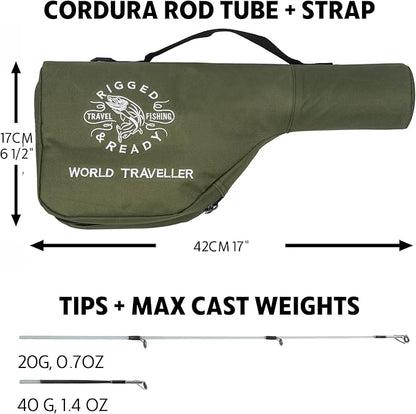 Rigged and Ready World Traveller Rod Reel Case Combination + 2 Tips 215+190cm (7'+6') Angling Travel Pole. Spin Bait Carp Pike Freshwater Saltwater Sea Fishing