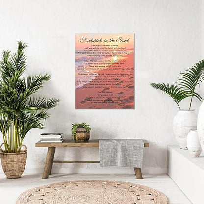 Footprints In The Sand Wall Art Religious Poem Poster Jesus Christian Print Retro Canvas Motivational Quotes Painting Pictures Home Decor Framed 12 * 18 Inch