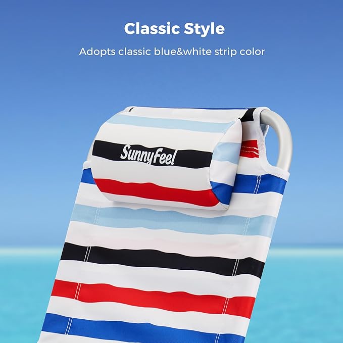SUNNYFEEL Portable Beach Chair, Folding Low Back Beach Chair, Lightweight Camp Chair with Reclining Position, Backpack Lounger for Beach, Camping, Lawn, Outdoor, Red Blue White Striped