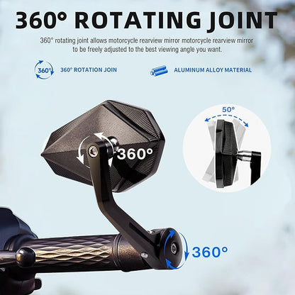 DREAMIZER Motorcycle Bar End Mirrors Black CNC Bar End Mirrors for Motorcycles Compatible with Honda Kawasaki Suzuki Scooter and More (Blue Glass Lens)