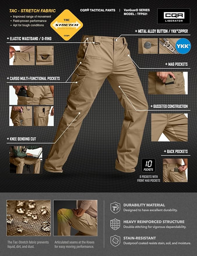 CQR Men's Flex Stretch Tactical Pants, Water Resistant Ripstop Cargo Pants, Lightweight EDC Outdoor Work Hiking Pants