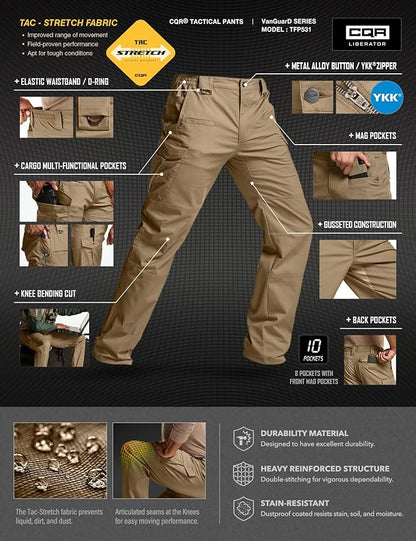 CQR Men's Flex Stretch Tactical Pants, Water Resistant Ripstop Cargo Pants, Lightweight EDC Outdoor Work Hiking Pants