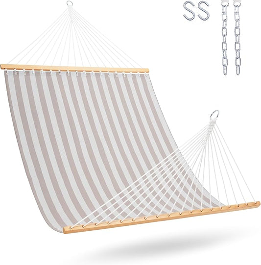 Lazy Daze Hammocks Quick Dry Hammock with Spreader Bar Textliene Fabric Double 2 Person Hammock with Chains Outdoor Patio Poolside Backyard Beach 450 lbs Capacity, Beige White Stripes