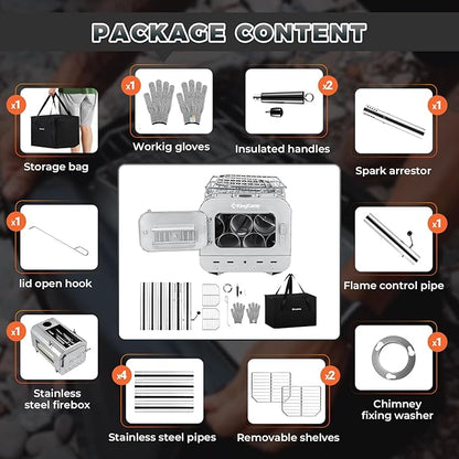 KingCamp Hot Tent Stove, Foldable Camping Stove with Large Firebox, 7.5ft Winter Camping Stove for Tent, Shelter, Cabin Heating, With Chimney Pipes, Heat Resistant Glass & Gloves for Outdoor