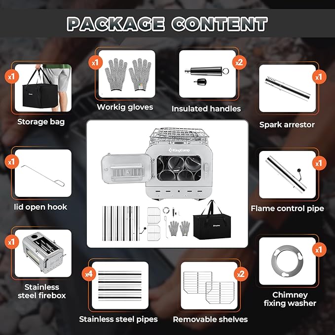 KingCamp Hot Tent Stove, Foldable Camping Stove with Large Firebox, 6.6ft Winter Camping Stove for Tent, Shelter, Cabin Heating, With Chimney Pipes, Heat Resistant Glass & Gloves for Outdoor