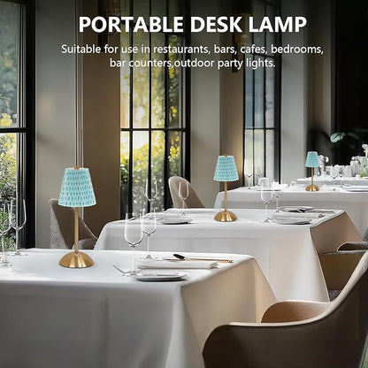 Cordless LED Table Lamp with Dimmer, Built-in Rechargeable Battery, 3-Level Brightness, Patio Table Lamp, Bedside Night Lamp, Ambient Light for Restaurant, Antique Brass (Green Flower)