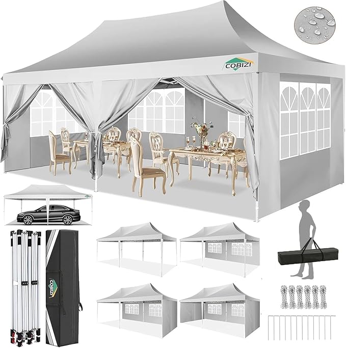 COBIZI 10x20 Pop Up Canopy Tent with Sidewalls,Party Tent Outdoor Gazebos, Waterproof & UV50+,3 Adjustable Heights,Higher Frame Design - Extra Tall for Parties Backyard,Weddings,Markets, White