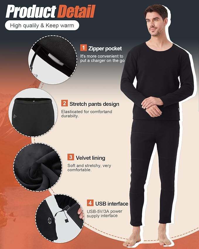 Heated Thermals Underwear Set for Men 8 Heating Zones Heated Pants and Shirt with 2 * 10000mAh Battery