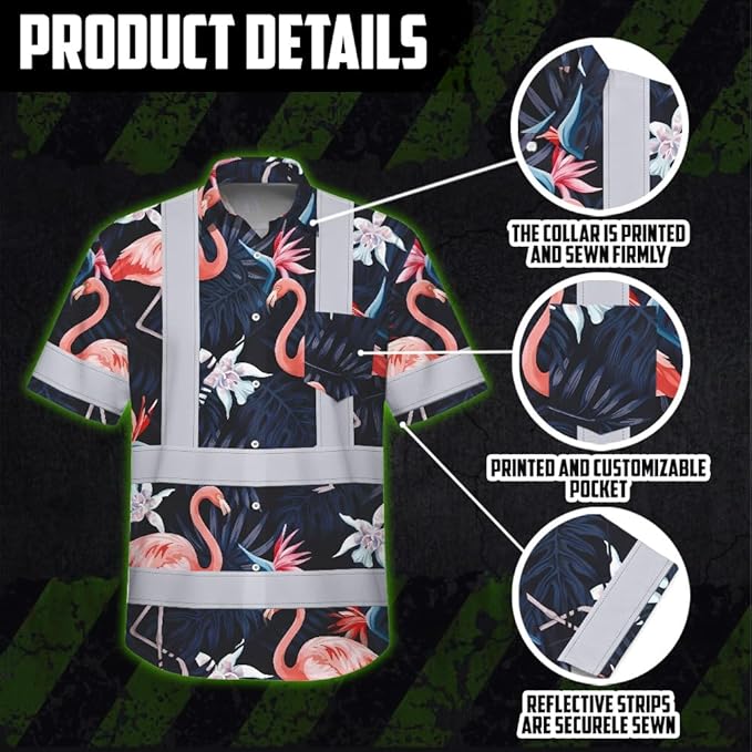 High Visibility Hawaiian Shirt for Men Tropical Shirts Custom Name Floral Outfit Reflective Safety Workwear
